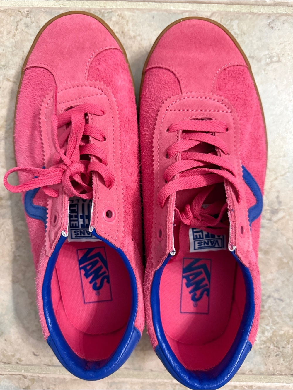 Vans Women's Pink Suede Sneakers with Blue Trim